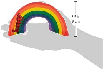 Colorful rainbow-shaped yeoww cat toy held by a hand with measurements indicated.