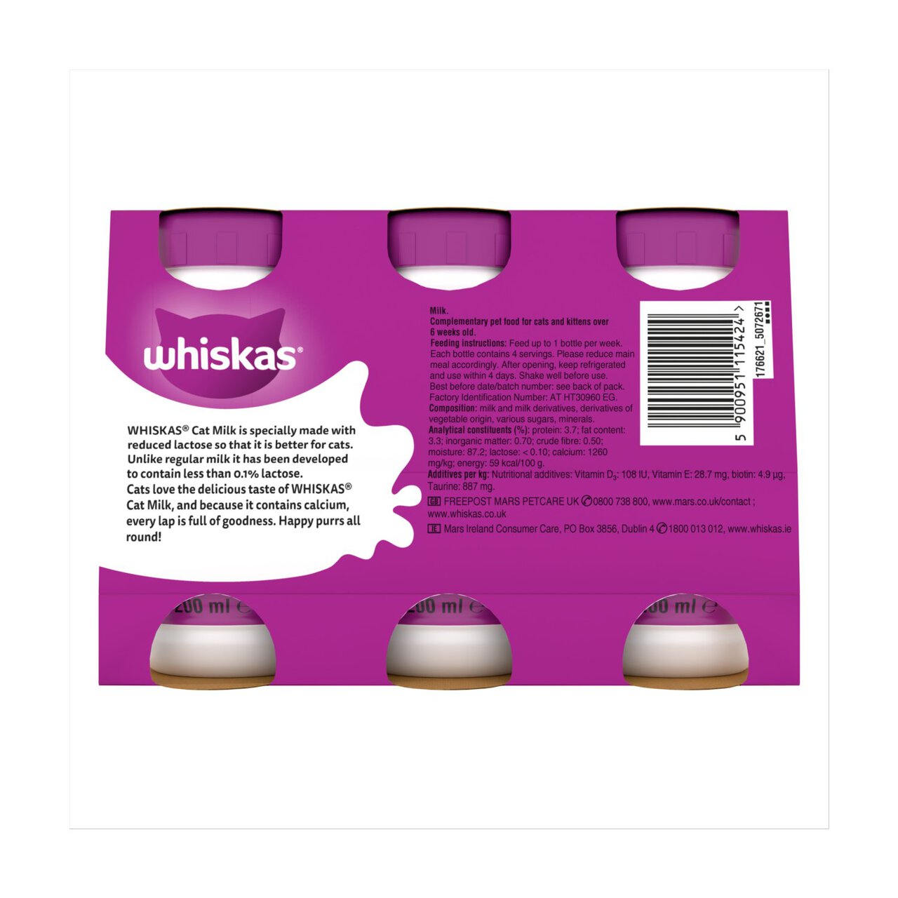 Whiskas | Cat Treats | Reduced Lactose Cat Milk - 3 x 200ml