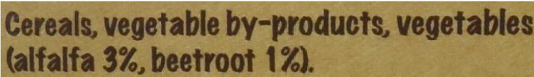 Text on a brown background indicating ingredients of cereals and vegetables.