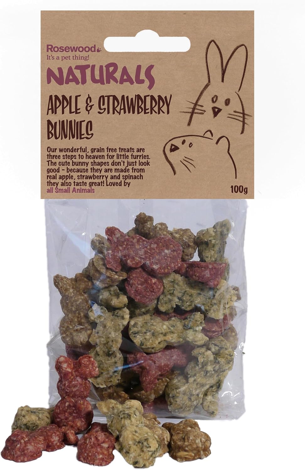 Rosewood Naturals Apple & Strawberry Bunnies GrainFree Natural Small Animal Treats for Rabbits, Guinea Pigs, Chinchillas, Degus & Rodents (100g)