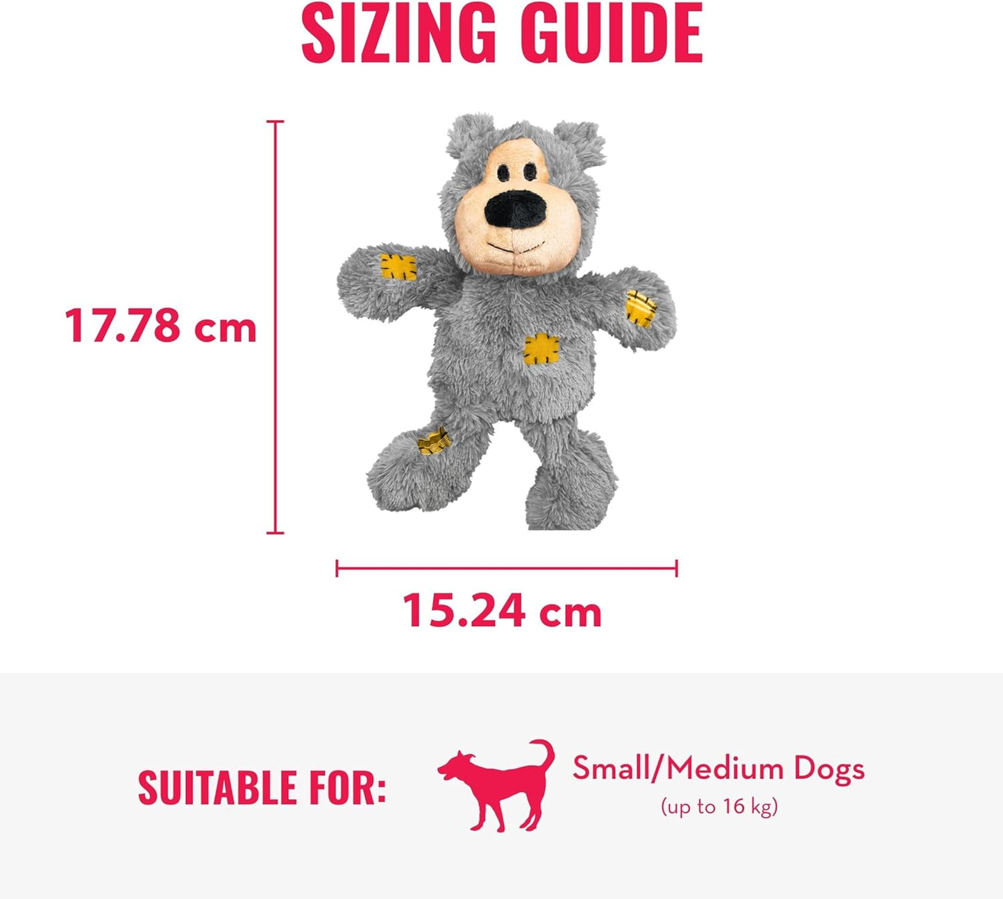 Sizing guide for a gray dog toy with dimensions and suitability for small to medium dogs.