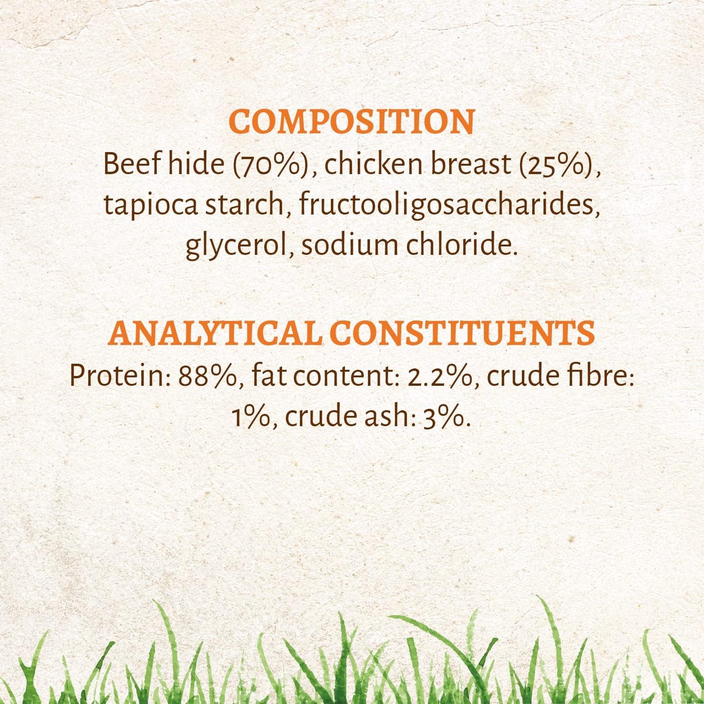 Product label with ingredient list and nutritional information on a textured background with grass at the bottom.