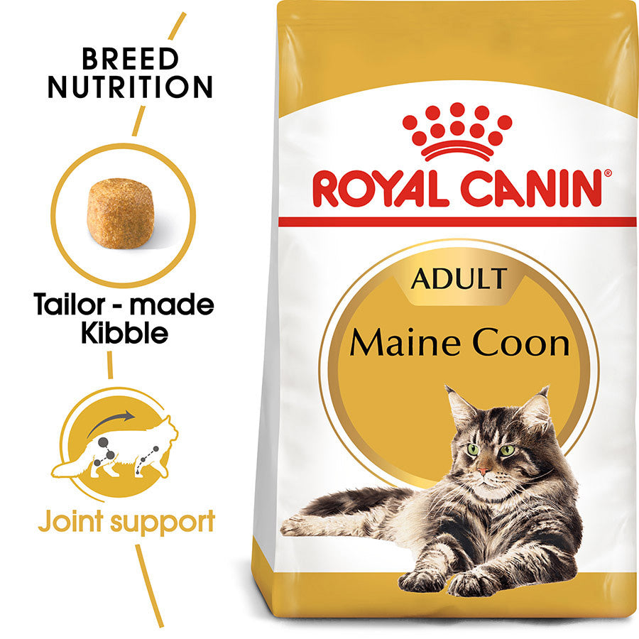 Royal Canin Maine Coon cat food package with text highlighting features