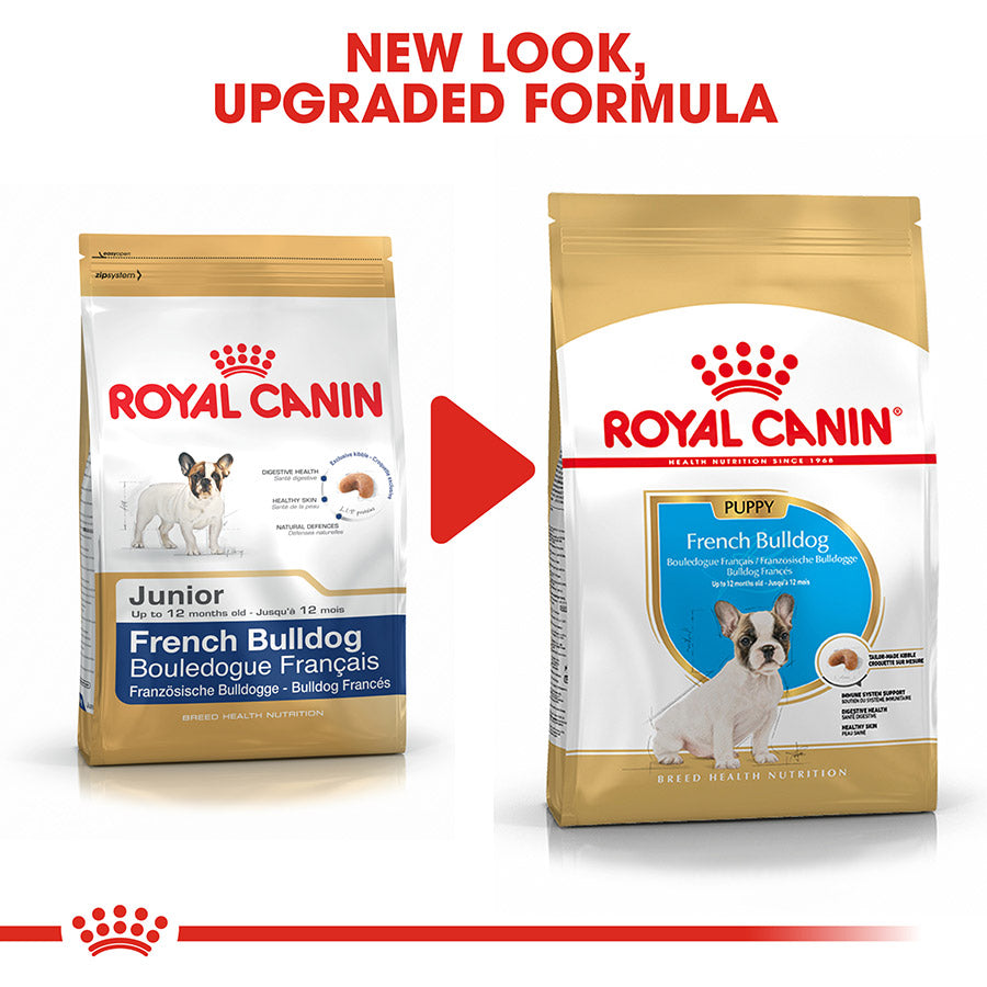 Two packages of Royal Canin French Bulldog dog food with text indicating a new look and upgraded formula.