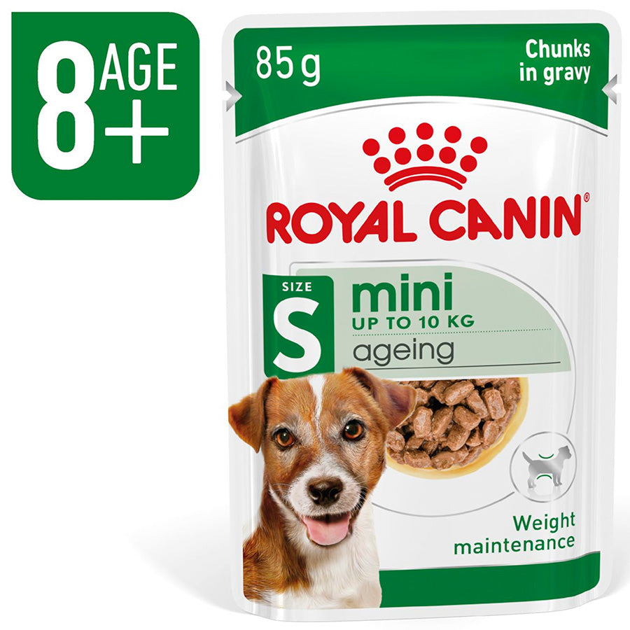 Royal Canin mini ageing dog food pouch on a white background