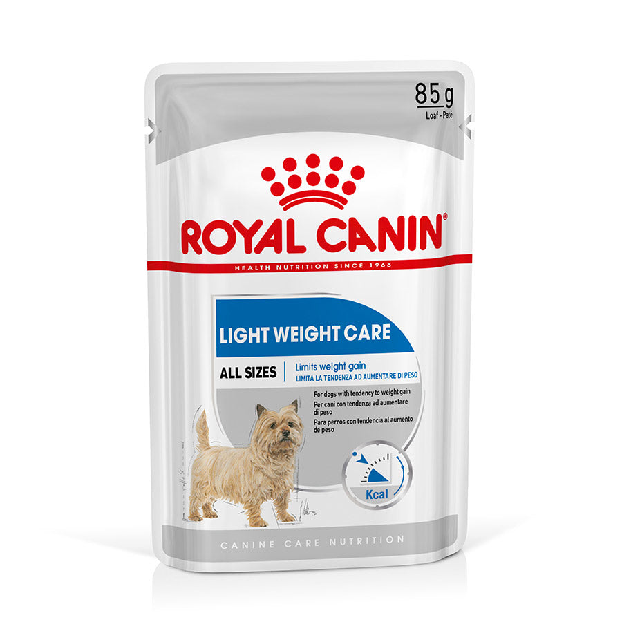 Royal Canin Light Weight Care dog food pouch on a white background