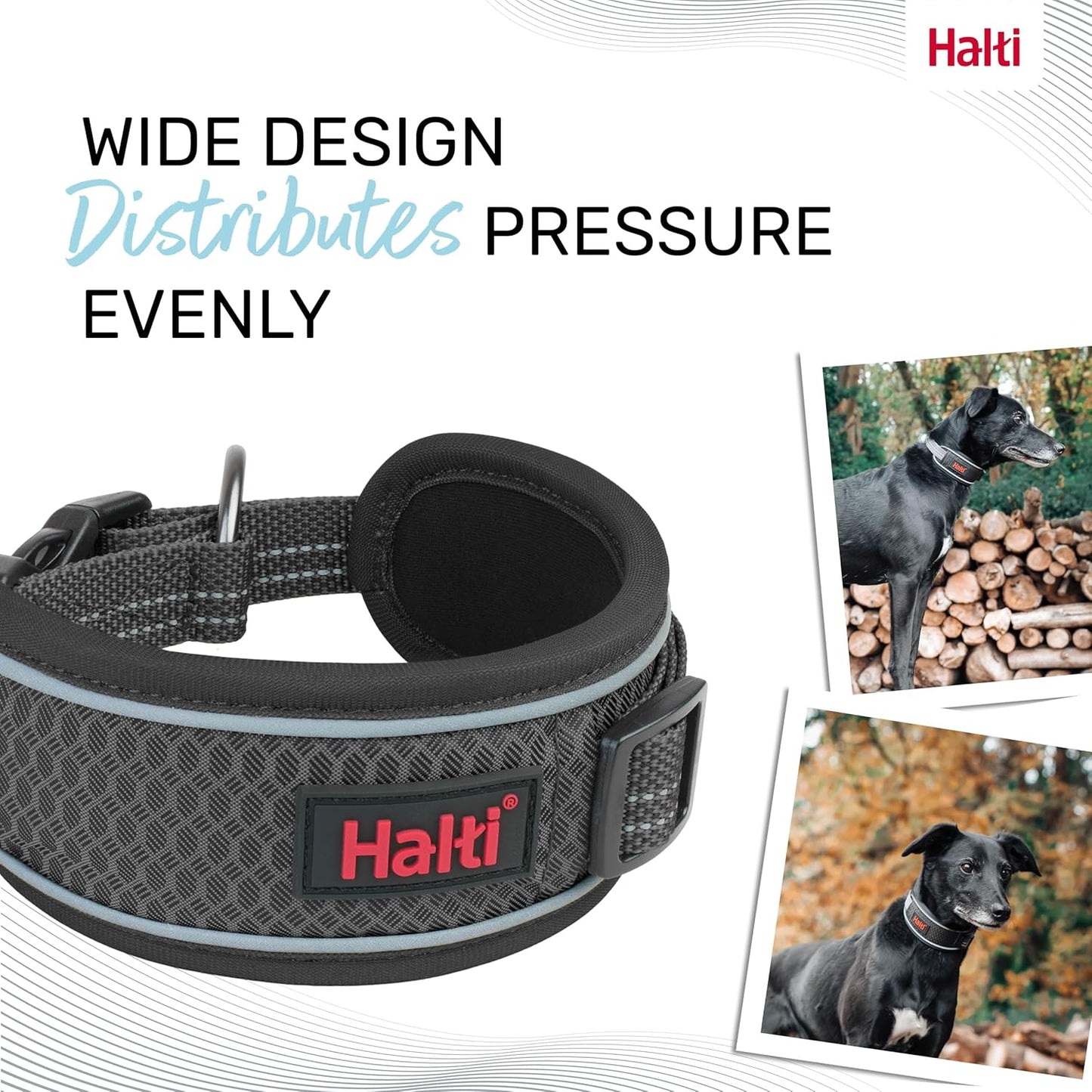 Halti dog collar with text about wide design and pressure distribution, featuring a dog wearing the collar outdoors.