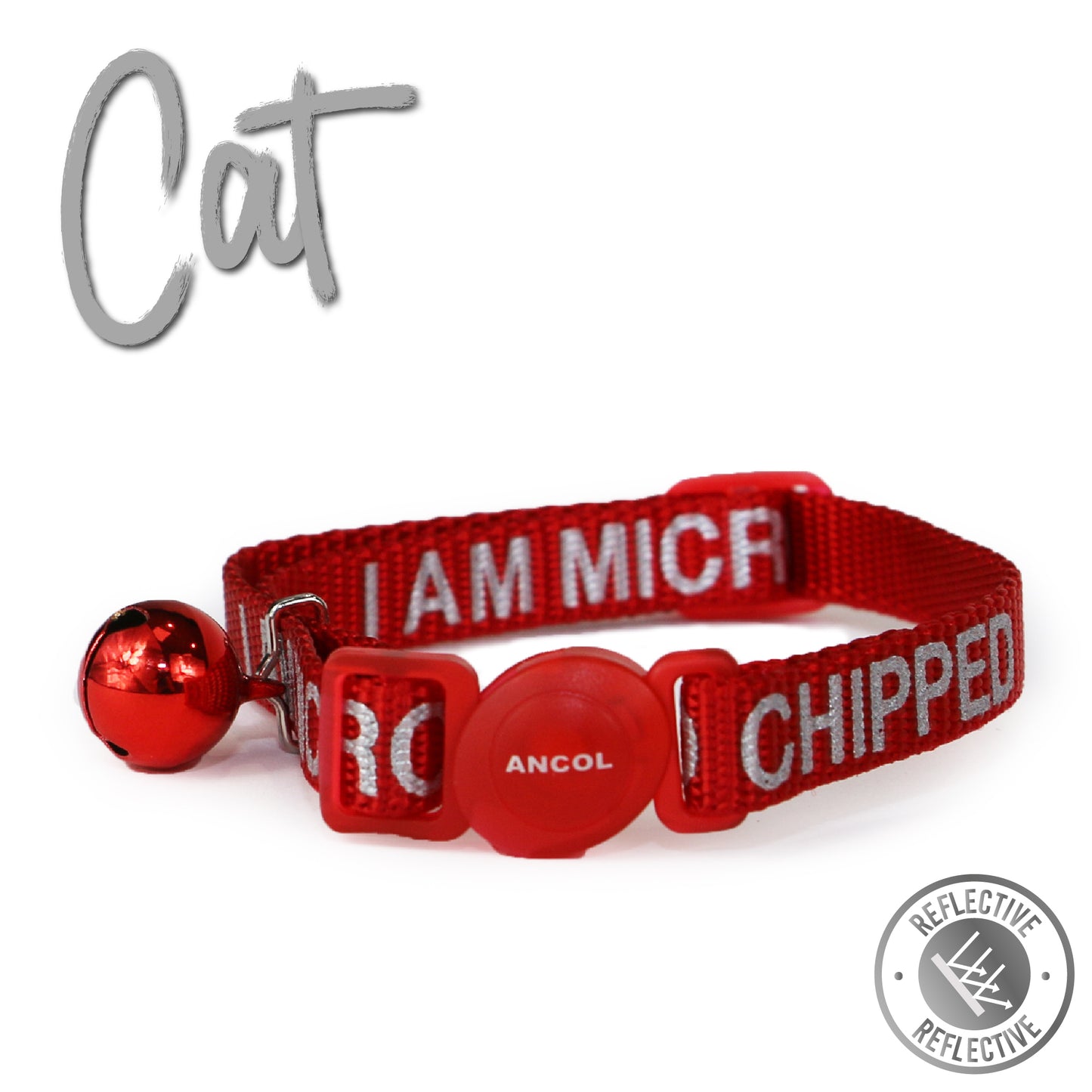 Ancol Reflective Safety Cat Collar With Bell - Red With 'I Am Micro Chipped' Printed