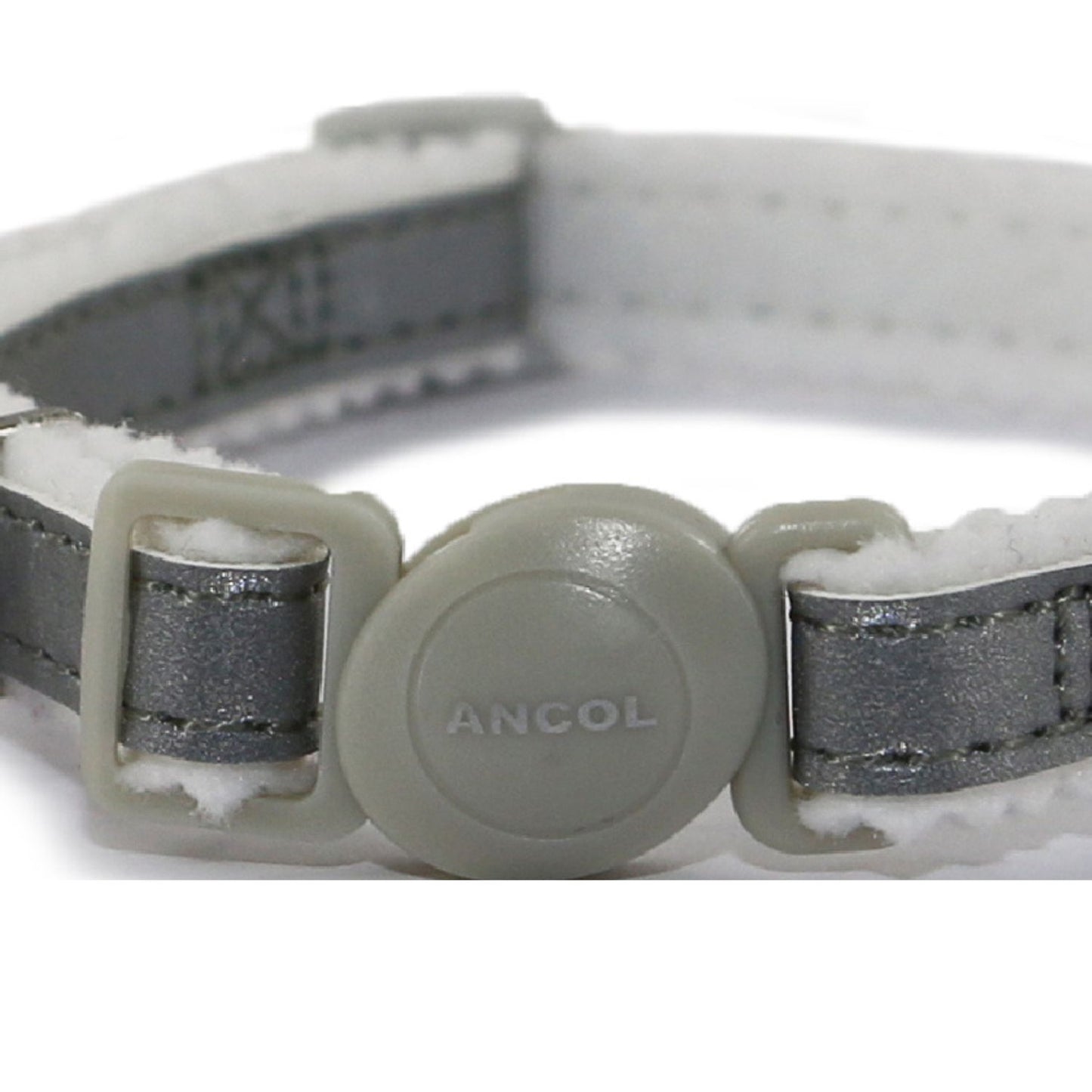 Gray cat collar with a visible brand logo on a white background
