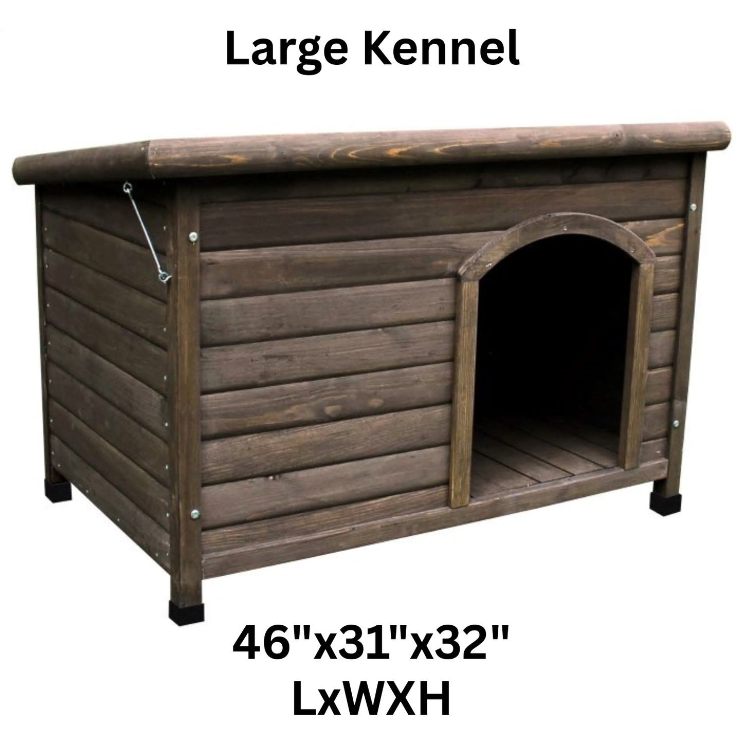 Large wooden dog kennel with dimensions on a white background