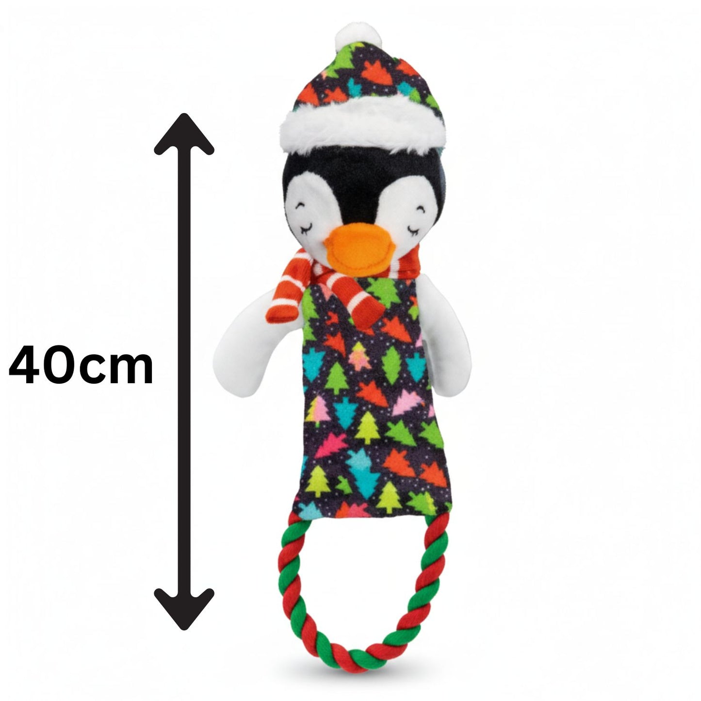 Penguin plush dog toy with a colorful pattern and a rope, labeled with a measurement of 40cm.