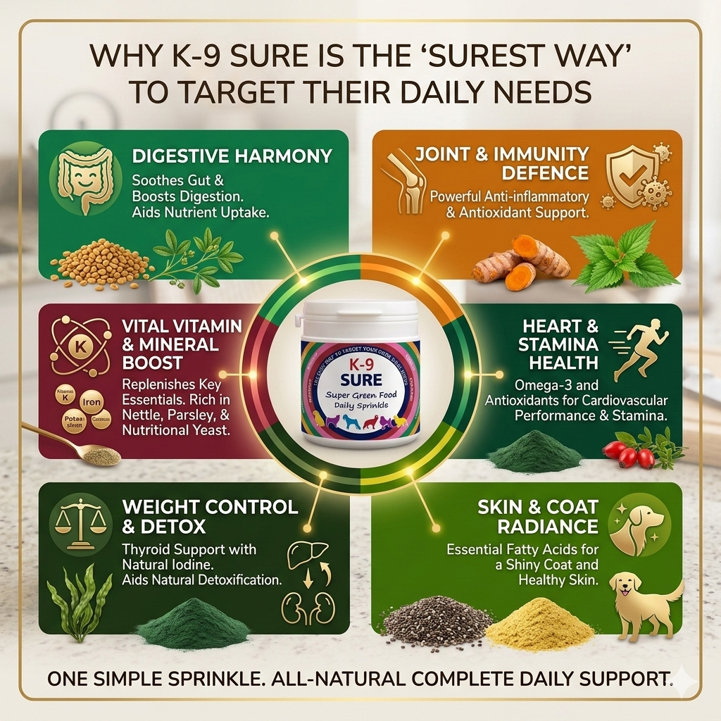 Promotional graphic for K-9 Sure pet supplement with various health benefits highlighted.