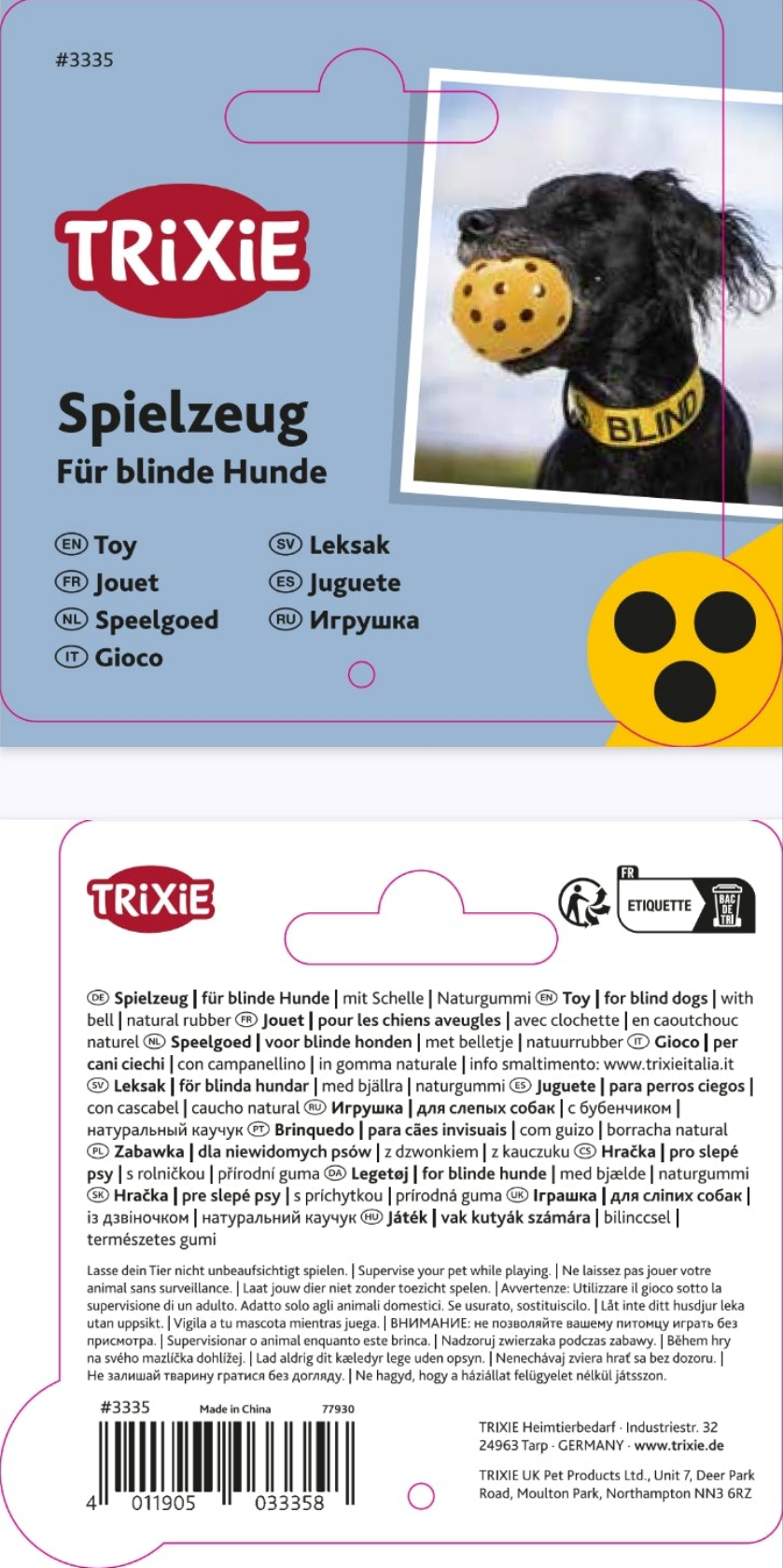 Trixie dog toy packaging for blind dogs with a dog wearing a yellow ball on a blue background