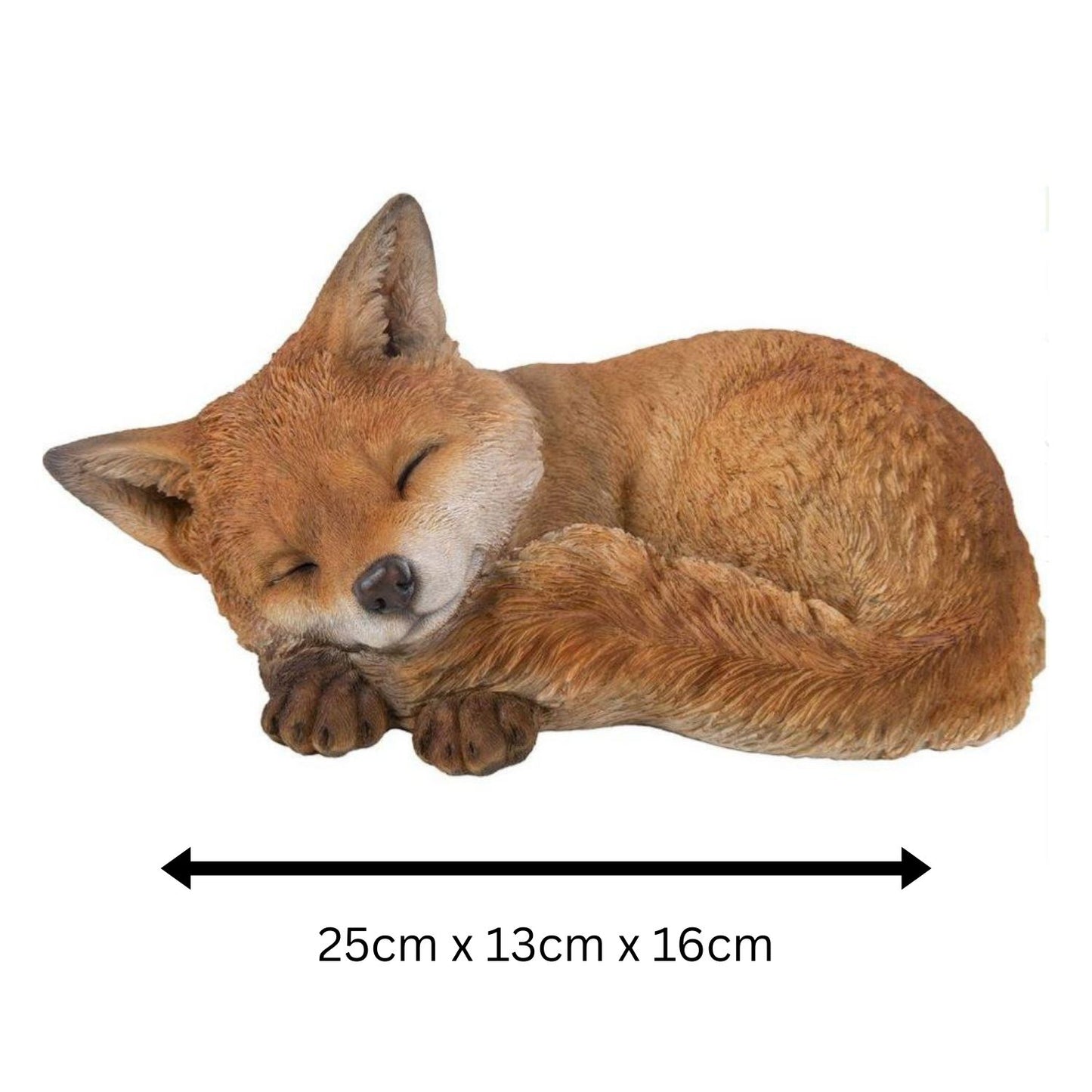 Sleeping fox figurine with dimensions on a white background