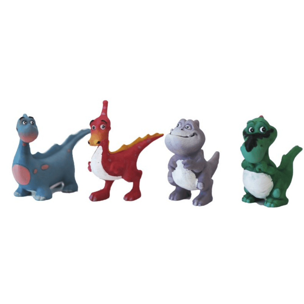 Four small cartoon dinosaur figurines in different colors standing side by side on a plain white background.