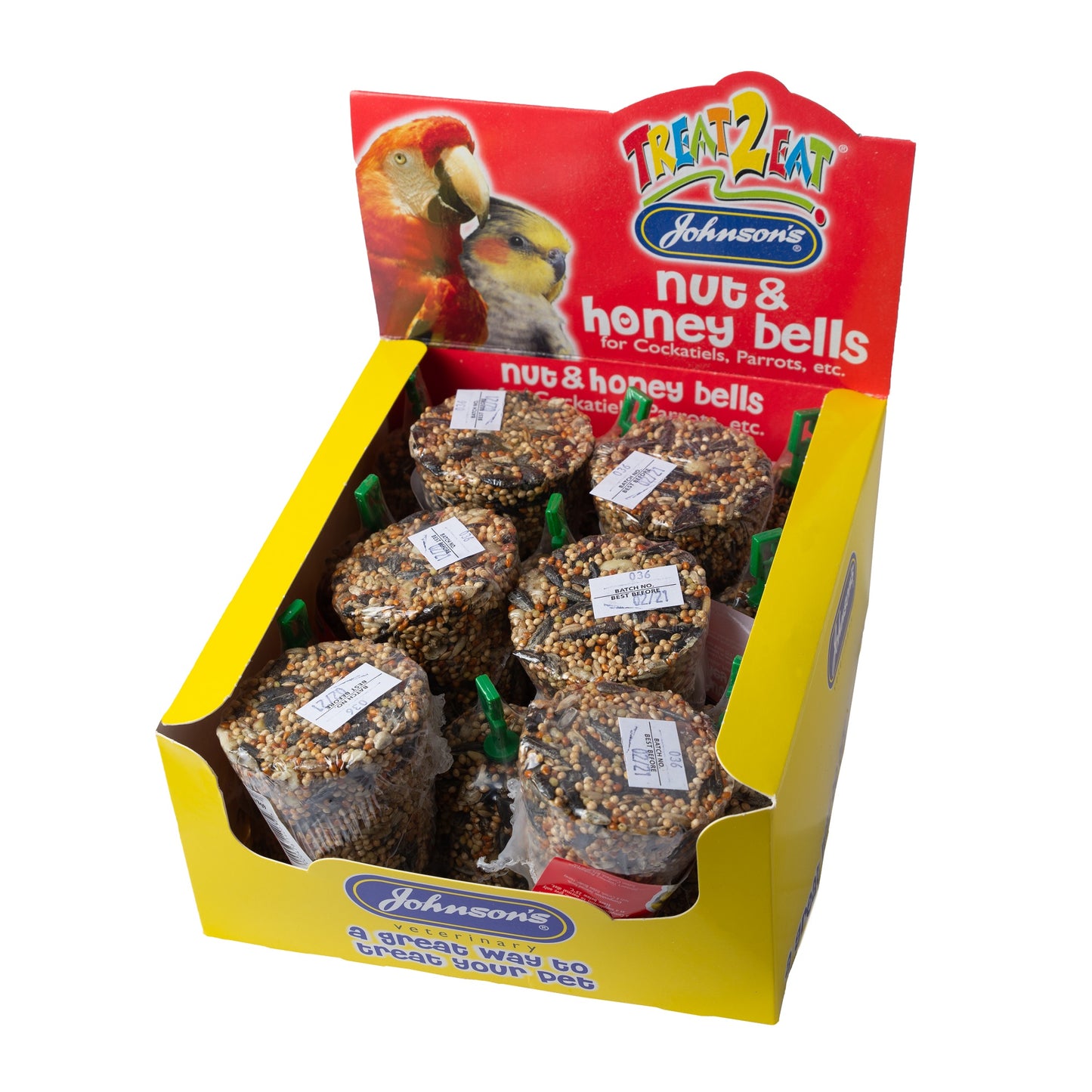 Box of Johnson's Nut & Honey Bells bird treats with a red label on a white background