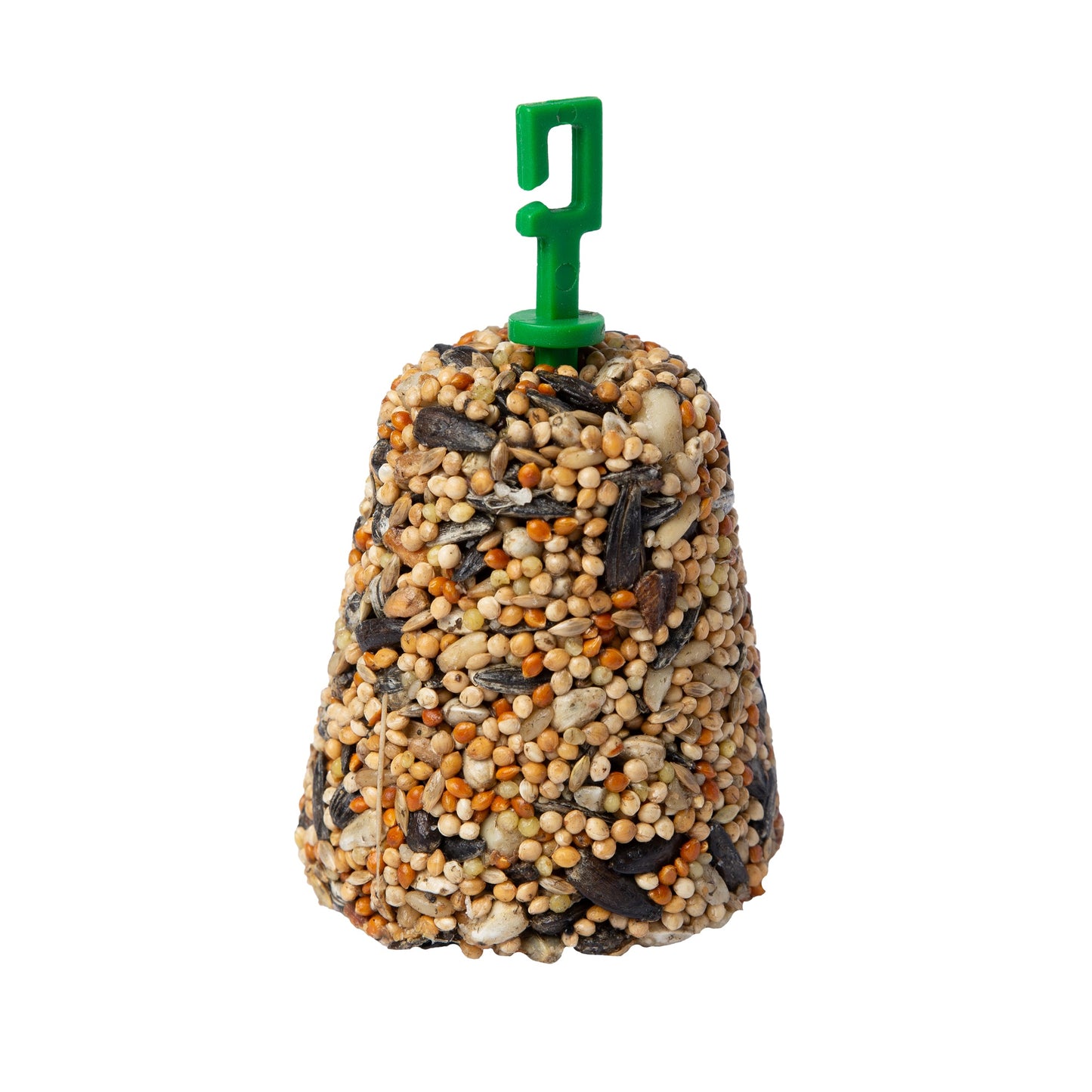 Birdseed cone with a green hook on a white background