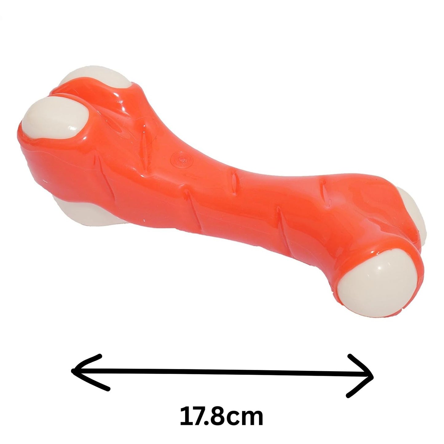 Red and white bone-shaped toy with measurement label on a white background