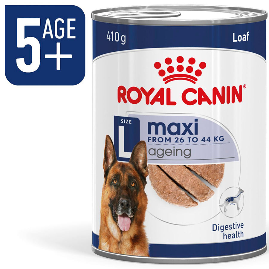 Royal Canin dog food can for age 5+ with a German Shepherd on the label.