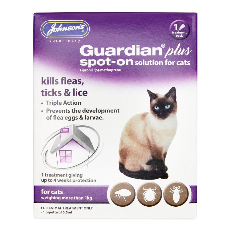 Johnson's Guardian Plus Spot-On | Flea, Tick & Lice Treatment for Cats Over 1kg | 8-Week Protection