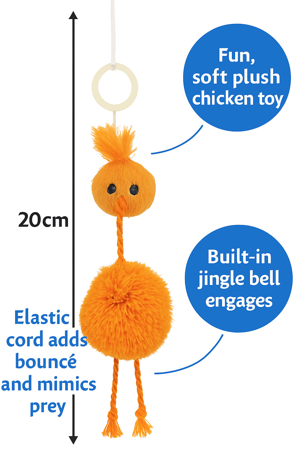 Orange plush chicken toy with jingle bell, labeled features on a white background