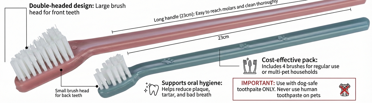 Trixie | Dog & Cat Toothbrush | Double Headed Long Brush - Pack of 4