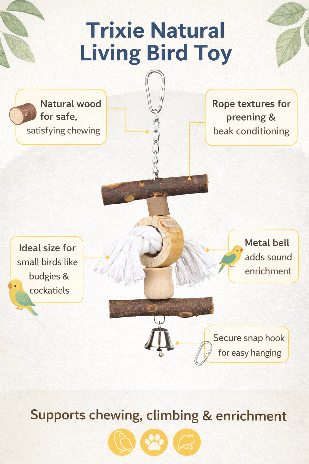 Trixie | Natural Living | Bell, Rope & Wood Bird Toy