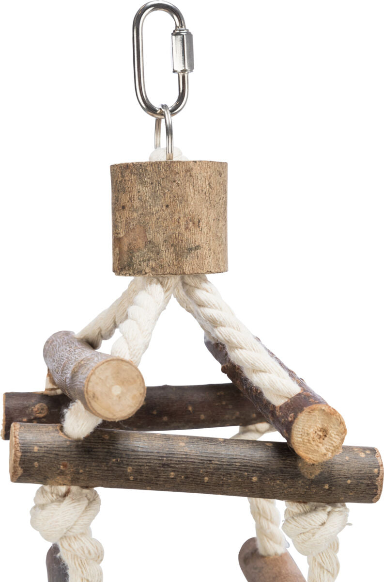 Bird toy with wooden sticks and rope on a white background
