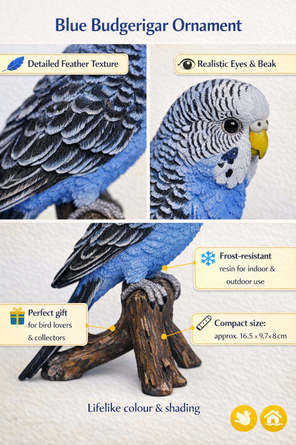 Vivid Arts | Blue Budgerigar Ornament | FrostResistant Resin | Indoor & Outdoor Ornament