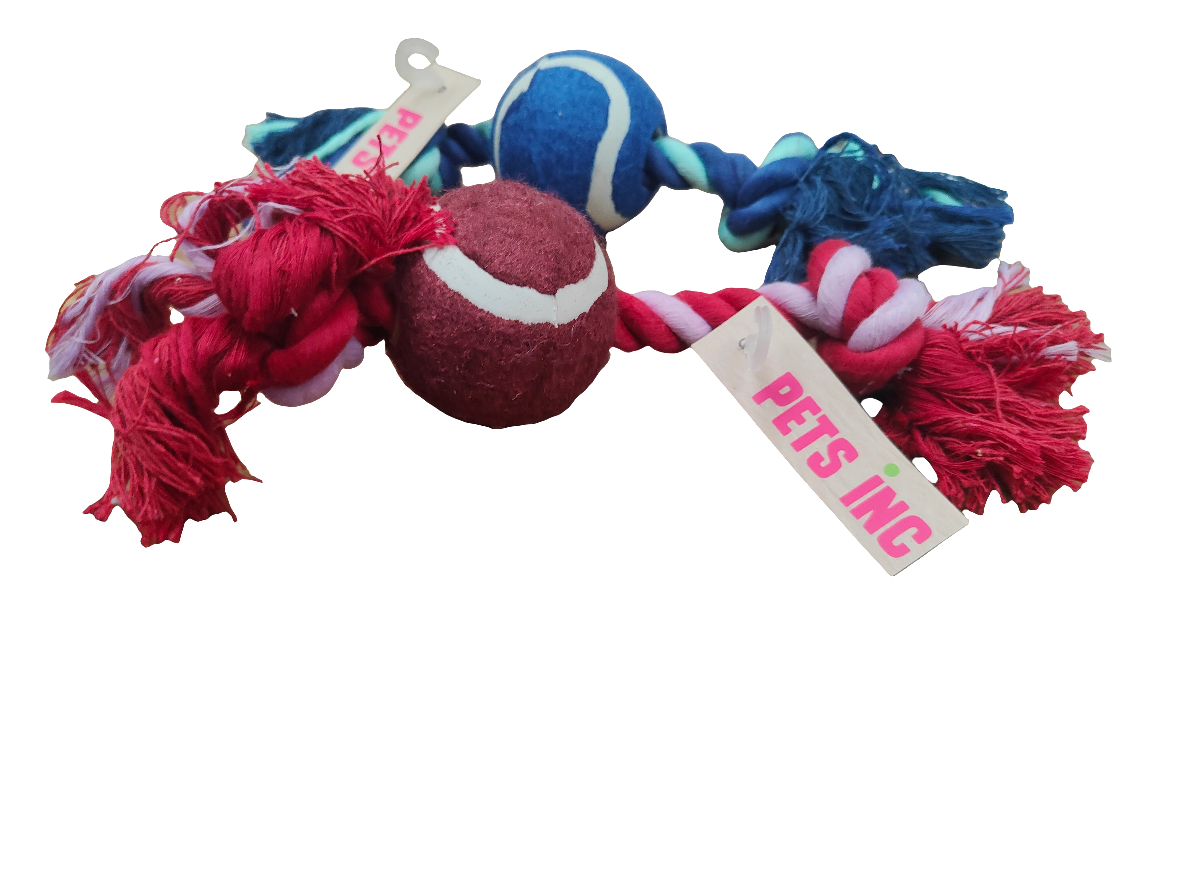 Dog toy with red and blue elements on a white background