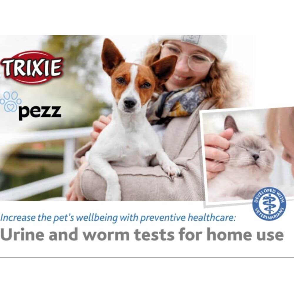 Promotional graphic for Trixie Pezz pet testing, featuring a woman holding a small brown-and-white dog and a cat photo inset, with the Trixie Pezz brand logos and text about urine and worm tests for home use.