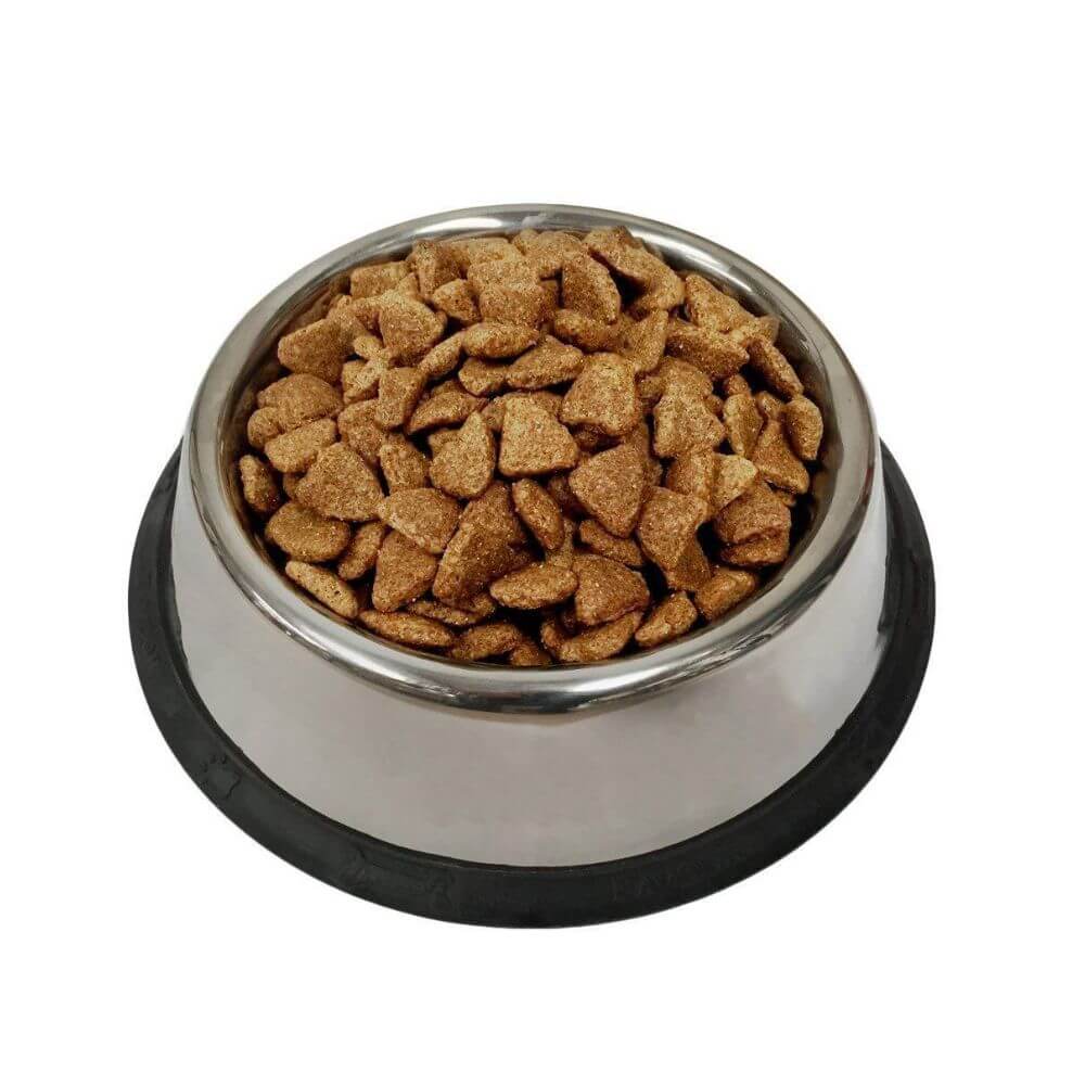 A stainless steel pet food bowl filled with dry kibble, set on a black rubber mat against a plain white background. It contains dr jaynes beef dry dog food kibble.