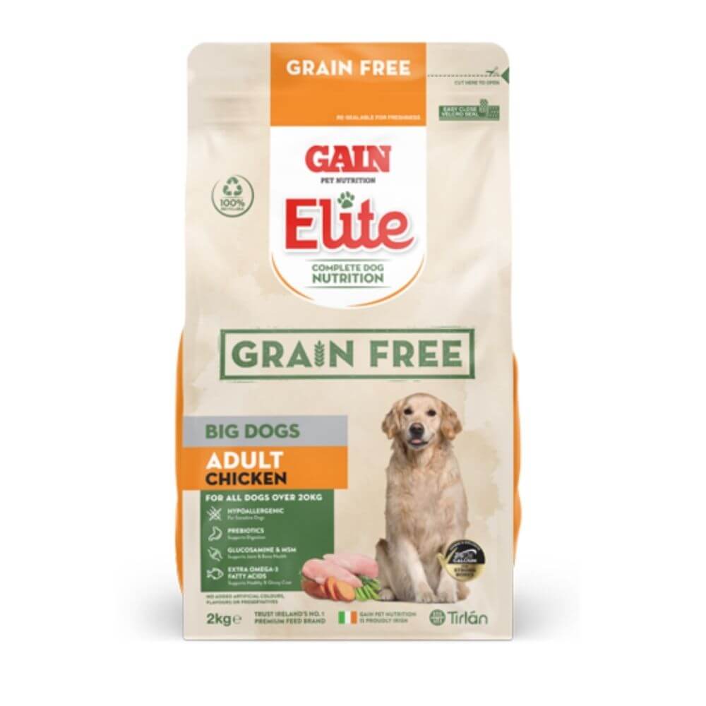 A 2kg bag of Gain Elite Grain Free Adult Chicken dog food for big dogs, featuring a golden retriever on the front of the packaging against a white background.