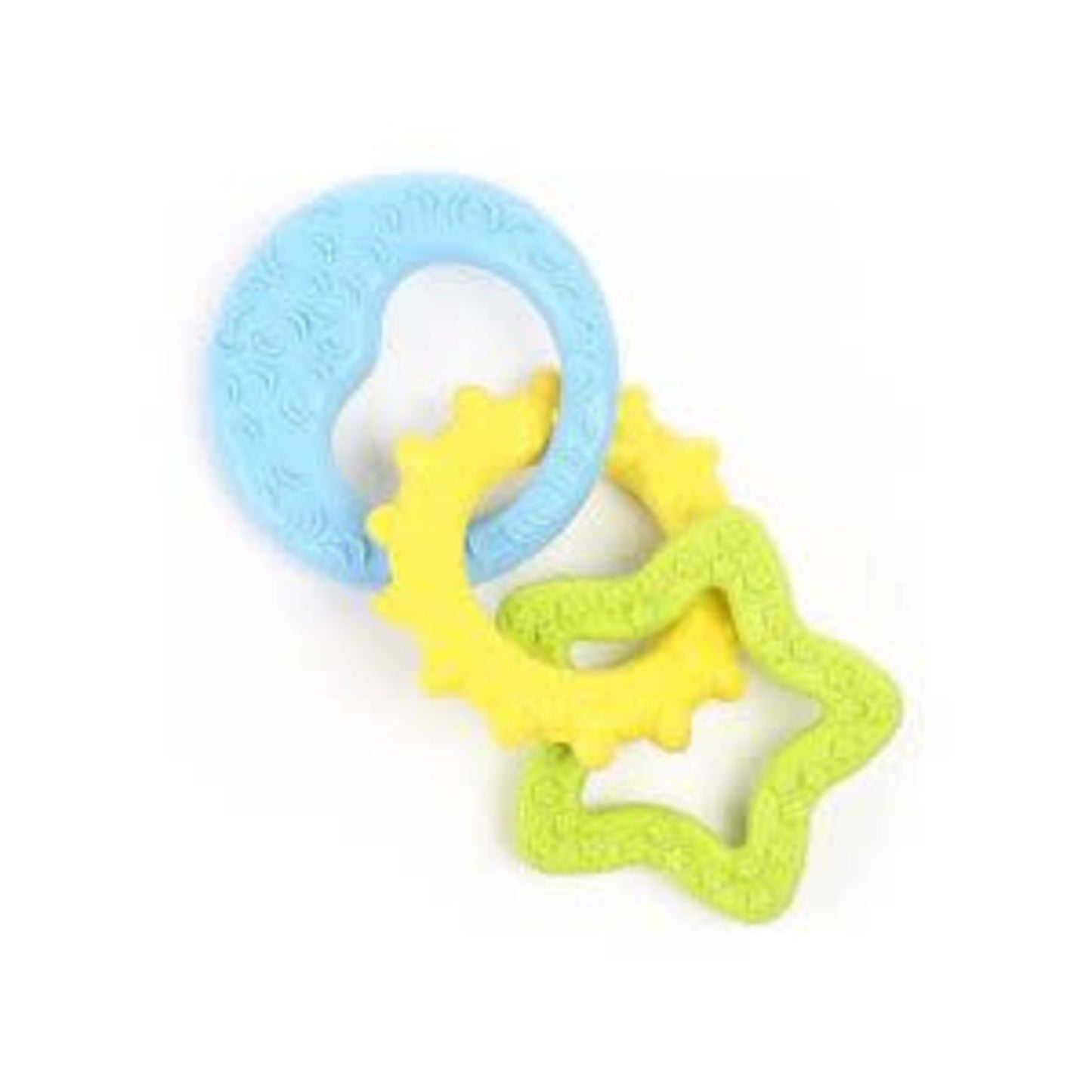 Colorful baby teether with star-shaped teethers on a white background