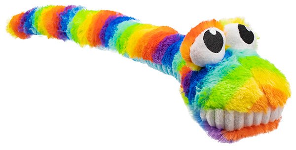 Colorful plush dog toy shaped like a caterpillar on a white background