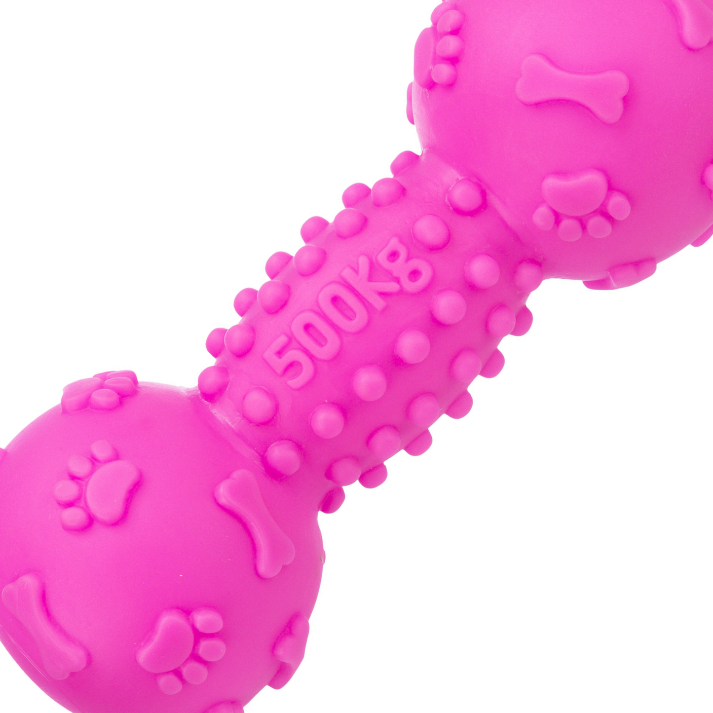 Pink dog toy with texture and bone/paw print designs on a white background
