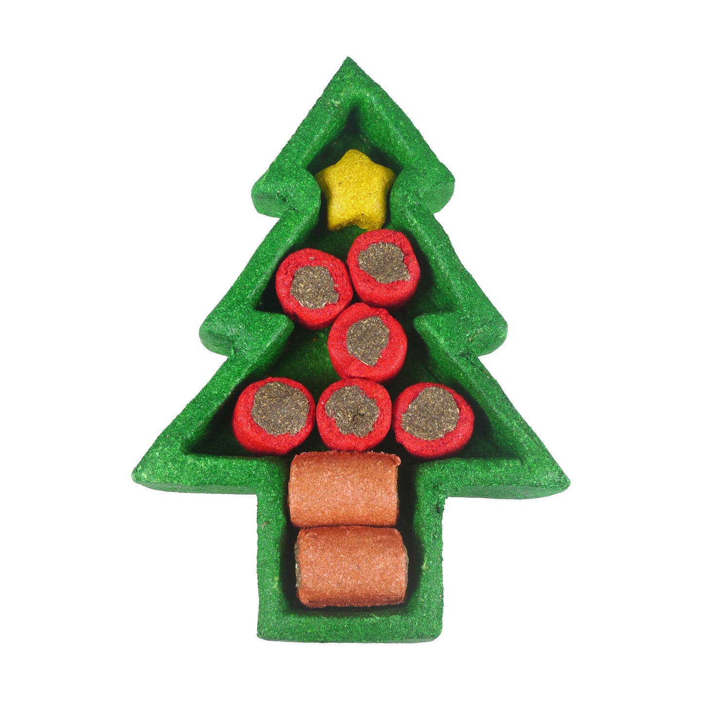 Christmas tree-shaped rabbit treat with red and brown treats inside on a white background