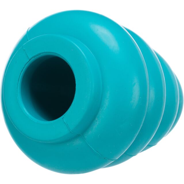 Teal dog toy with a central hole on a white background