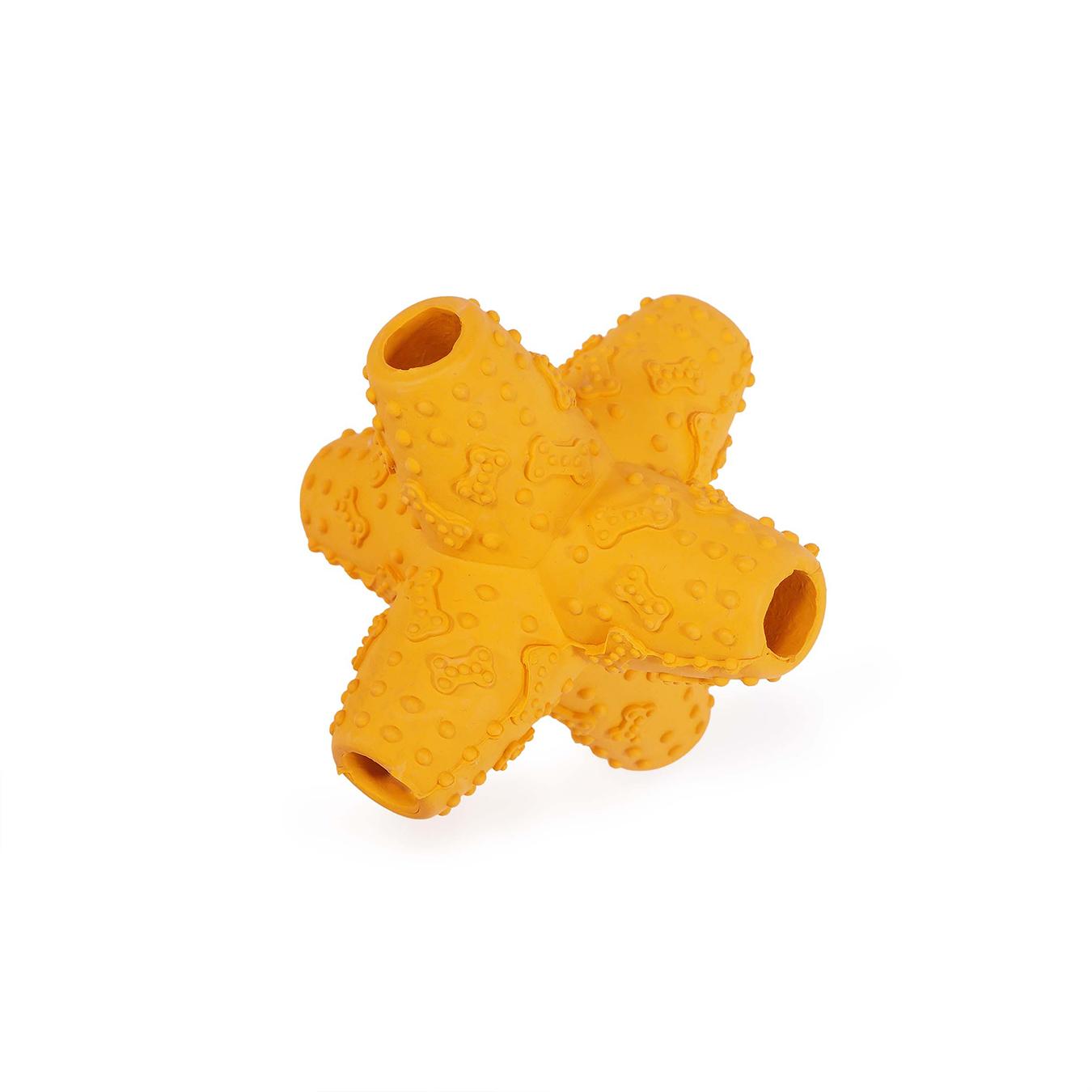 Yellow dog toy with a star shape on a white background