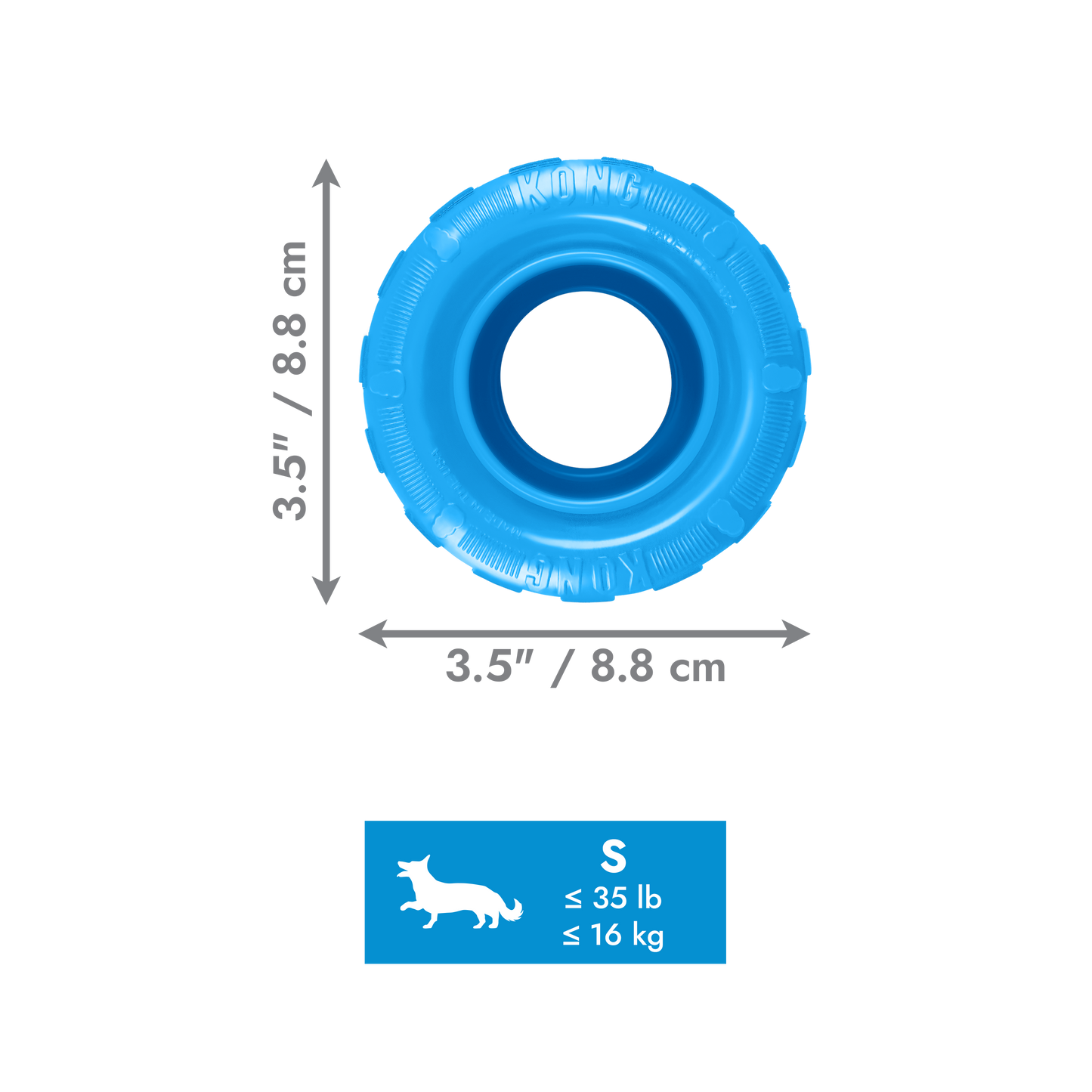 Blue dog toy with size chart and weight limit indicator on a white background