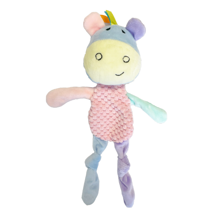 Plush toy with a smiling face, colorful hair, and pastel outfit on a white background