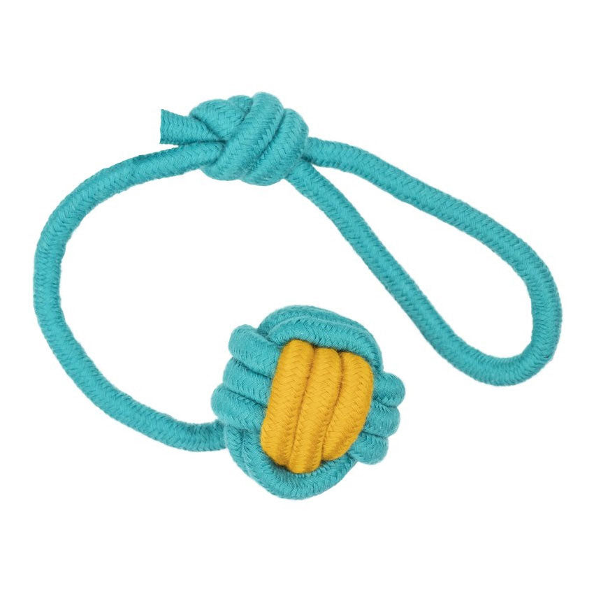 Turquoise dog toy with a knotted design on a white background