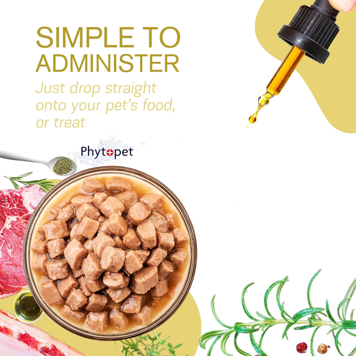 Pet food with a dropper and text about administering it, featuring the brand 'Phytopet'.