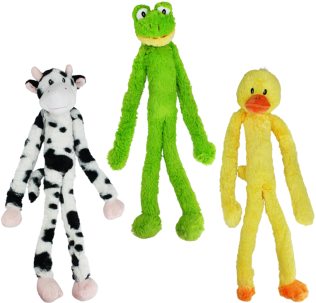 Three plush dog toys shaped like a cow, frog, and duck on a white background