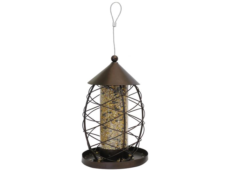A metal bird feeder with a Victorian lamp design, antique brushed bronze finish, and a seed tray inside.