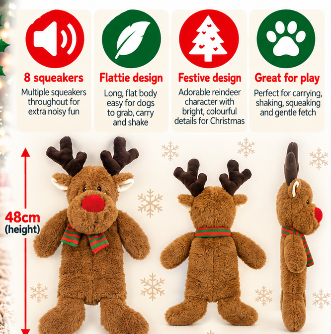 Ralph Reindeer Multi Squeaker 🦌 Dog Toy by Happy Pet