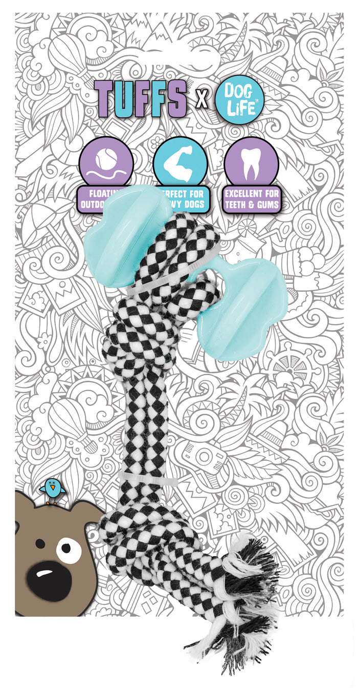 Dog toy with checkered pattern and blue bone toy on a decorative background