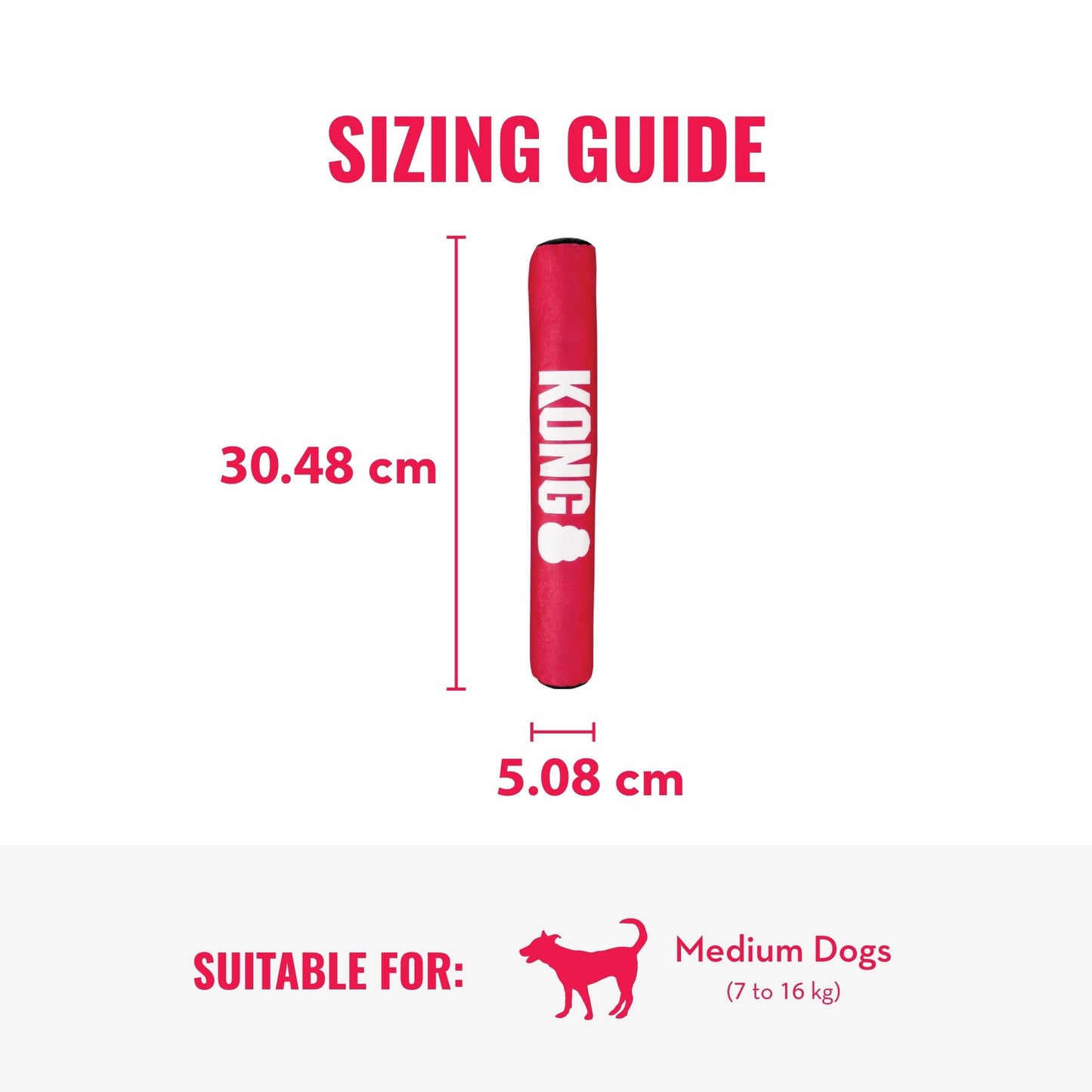 Kong product size guide with dimensions and suitability for medium dogs on a white background