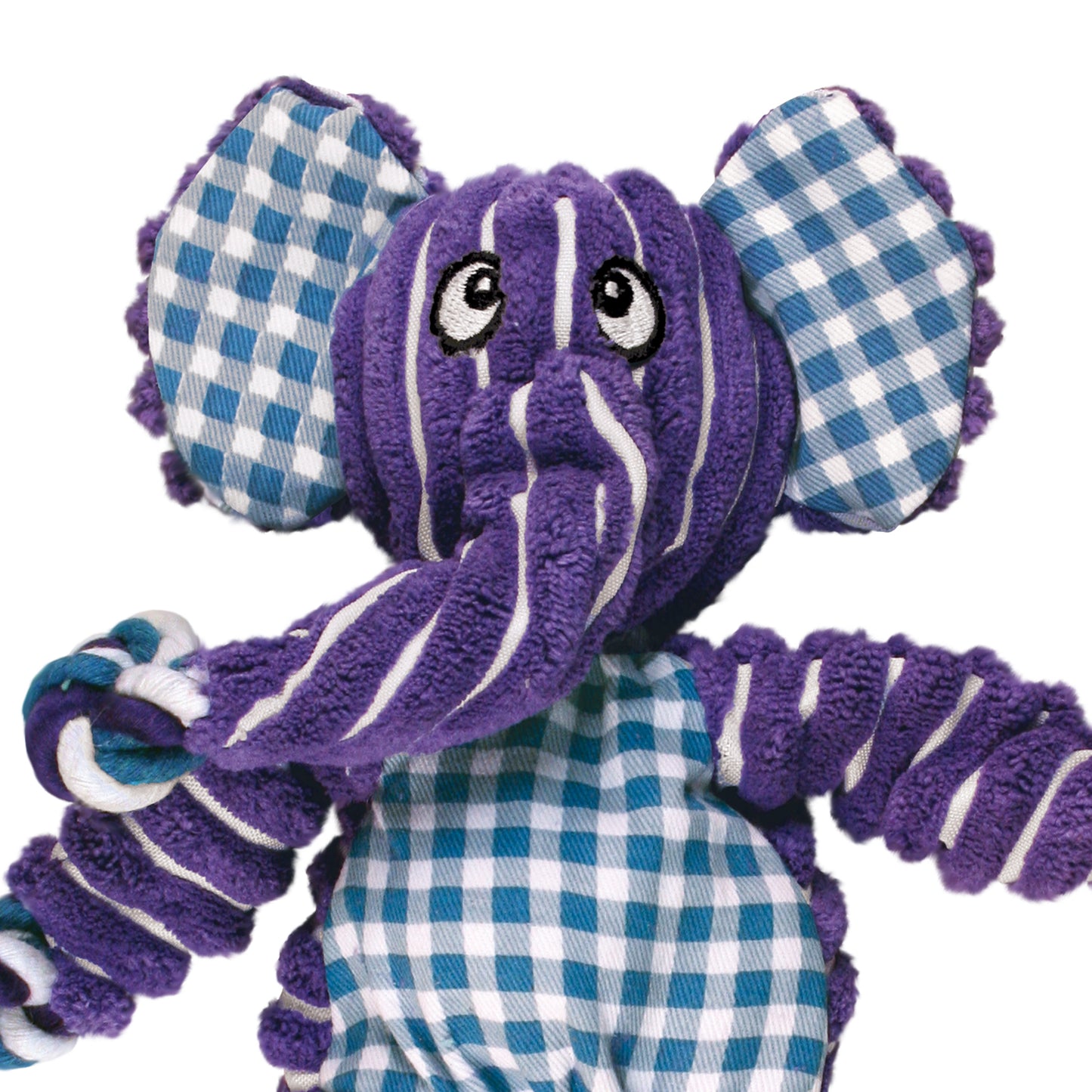 Purple elephant dog toy with checkered pattern on a white background