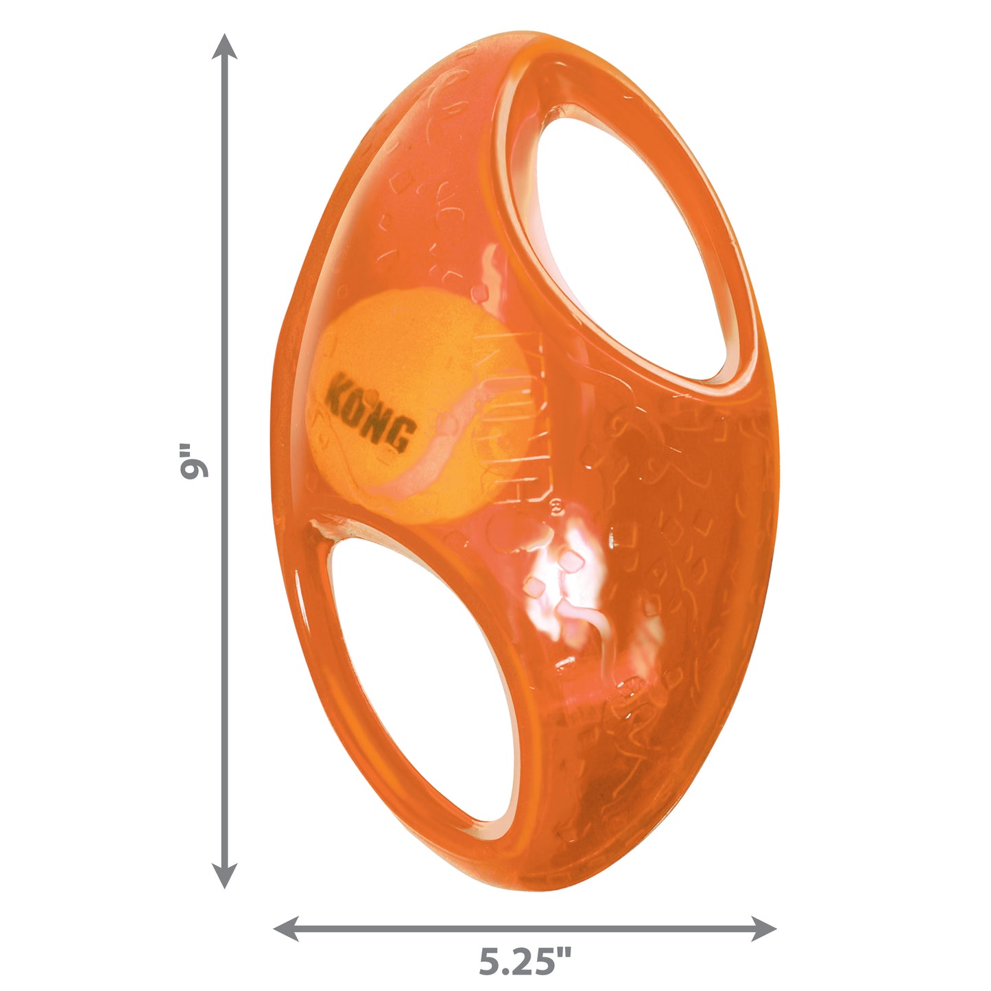 Orange dog toy with KONG branding and measurements on a white background